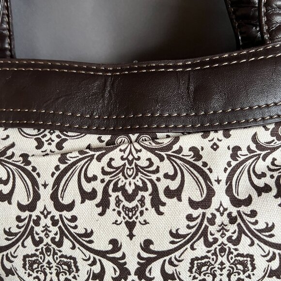 Elegant Brown & Cream Damask Print Handbag With Faux Leather Trim Thirty-One - Picture 4 of 5